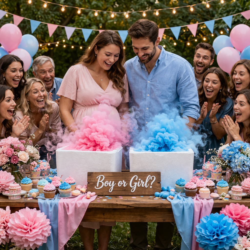 Baby shower i gender reveal z kolorowym dymem